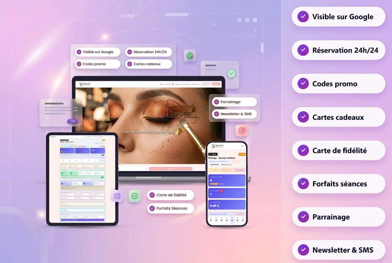 Krenoa pour un institut de beauté : site vitrine, agenda et espace de gestion sur ordinateur, tablette et mobile