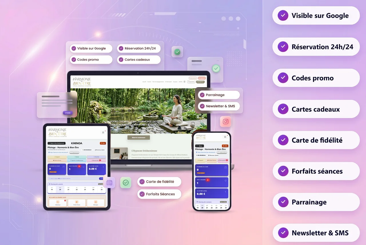 Krenoa pour un cabinet de bien-être : site vitrine, agenda et espace de gestion